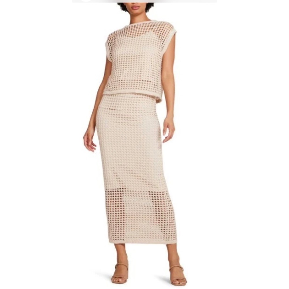 Steve Madden Crochet Knit Top Skirt Set Cream Boho Coastal L/XL open mesh lined